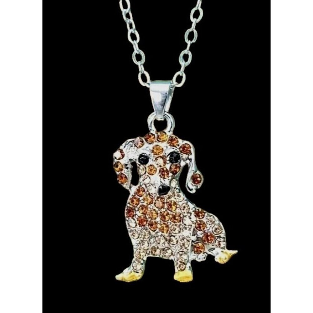 Dachshund Necklace New Rhinestones 16 inch Chain 2 piece Set Doxie Weeni…